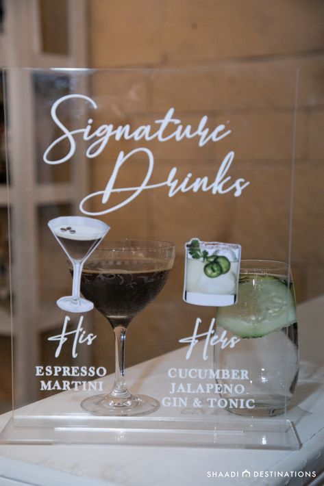 His And Her Wedding Cocktails, Espresso Martini Wedding Bar, His And Hers Cocktails Wedding, His And Her Drinks Wedding, Wedding His And Hers Cocktails, His And Hers Wedding Drinks Signature Cocktail, His And Hers Cocktail Sign, His Hers Theirs Cocktail Sign, Tropical Disco