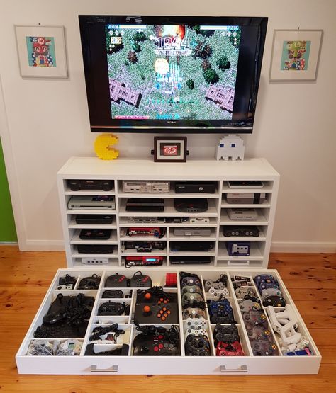 The family room console cabinet or how many consoles can you fit in a 2x4 kallax. - Show Us Your Collection! - AtariAge Forums Retro Gaming Setup, Kitchen Cabinets With Legs, Ikea Kitchen Cabinet, Cabinet Legs, Cube Unit, Ikea Kitchen Cabinets, Ikea Kallax, Console Organization, Console Cabinet