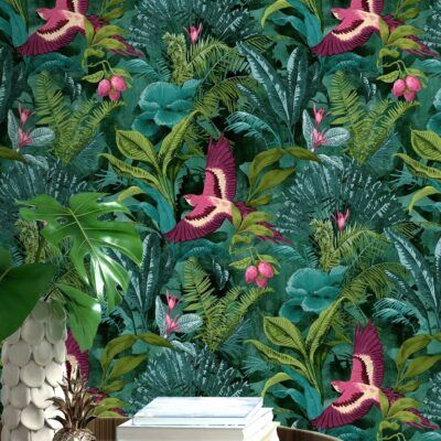 Rainforest Birds, Rainforest Theme, Tropical Parrot, Go Wallpaper, Wallpaper Uk, Ceiling Light Shades, Palm Leaves Print, Tropical Wallpaper, Bird Wallpaper