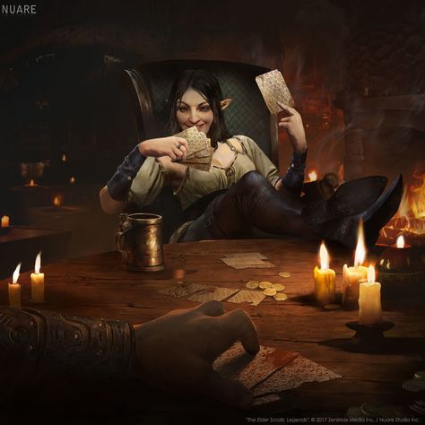 Cornerclub Gambler, Tatyana Kupriyanova on ArtStation at https://www.artstation.com/artwork/4wnX2 Tatyana Kupriyanova, Elder Scrolls Legends, Elder Scrolls Online, Splash Art, The Elder Scrolls, High Fantasy, Arte Fantasy, Fantasy Rpg, 판타지 아트