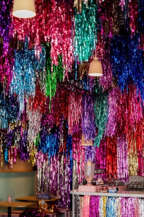 Immersive Tinsel Bar in Brisbane, Australia by @imakestagram Rachel Burke, Pop Up Bar, Tinsel Garland, Event Inspiration, Brisbane Australia, Holiday Party Decorations, Disco Party, Unique Crafts, Paper Tags