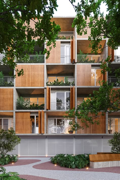 Student Apartment Architecture, Residential Apartment Facade, Communal Housing Architecture, Sustainable Residential Building, Grid Facade Architecture, Mixed Use Apartment Building, Social Housing Architecture Plan, Apartment Architecture Facade, Residential Apartment Architecture