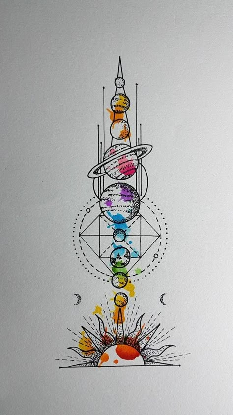 Chakra Tattoo Spine Color, Spinal Flow, Cool Space Tattoos, Space Tattoo Ideas, Shen Long Tattoo, Watercolor Tattoo Ideas, Cosmic Tattoo, Space Tattoos, Solar System Tattoo