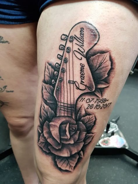 Guitar and rose tattoo by Cindy May..... Guitar Remembrance Tattoo, Guitar With Roses Tattoo, Musician Memorial Tattoo, Acoustic Guitar Tattoo Ideas, Memorial Guitar Tattoo, Guitar Angel Wings Tattoo, Musical Memorial Tattoos, Remembrance Drawing, Guitar And Roses Tattoo