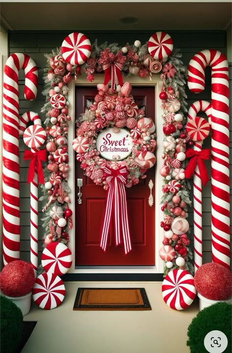 #ChristmasDecor #HolidayHome #FestiveVibes #DeckTheHalls #WinterWonderland #MerryAndBright #SeasonalStyle #HolidayDecorating #ChristmasInspo #CozyChristmas Peppermint Ornaments, Easy Outdoor Christmas Decorations, Christmas Door Decorating Contest, Outdoor Christmas Decoration Ideas, Gingerbread Christmas Decor, Candy Cane Lane, Peppermint Christmas, Christmas Front Doors, Cosy Christmas