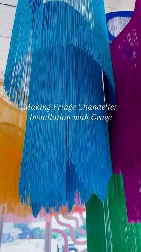 Streamer Chandelier Diy, Colorful Paper Lanterns, Fringe Ceiling Installation, Diy Fringe Chandelier, Streamer Chandelier, Diy Paper Chandelier, Diy Ceiling Lamp, Party Chandelier, Faux Chandelier