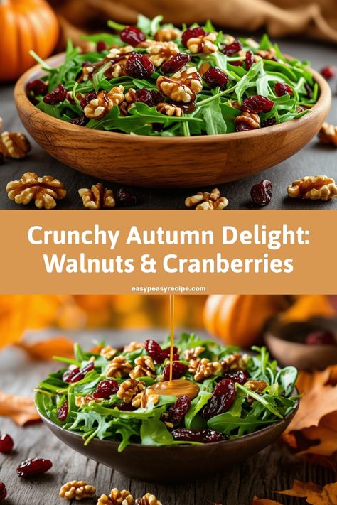 Wooden bowls filled with green leafy salad, walnuts, and dried cranberries topped with a drizzle of maple dressing. Salad With Walnuts And Cranberries, Candied Walnuts For Salad, Cranberry Walnut Salad, Maple Dressing, Salad With Walnuts, Winter Salads, Apple Walnut Salad, Autumn Salad Recipes, Winter Salad Recipes