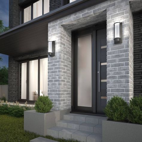 Exterior Wall Lights Modern, Black Exterior Doors, Garage Lights, Front Door Lighting, Door Lights, Color House, Exterior Wall Tiles, Stone Exterior, Bulkhead Light