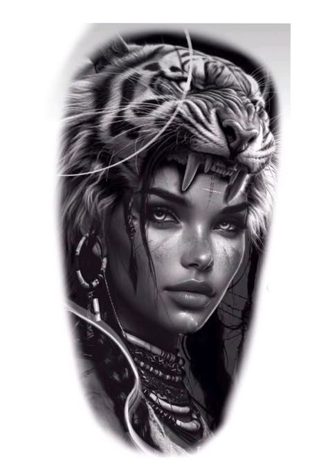 Woman With Tiger Headdress Tattoo, Woman Face Tattoo For Men, Darkside Wallpaper, Tattoos New York, Tattoo Indien, Realism Tattoo Ideas, Indian Women Tattoo, Cherokee Tattoos, Maori Face Tattoo