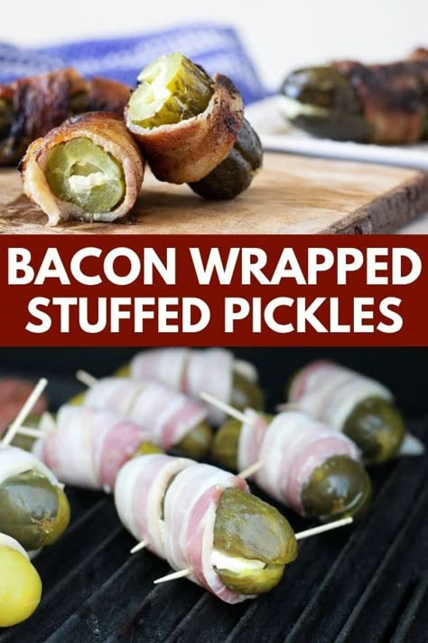 Bacon wrapped pickles are stuffed with cream cheese and cooked on the grill. This is an easy grilling appetizer that will win over a crowd. Smoky bacon, savory cream cheese, and dill pickles all in one snackable appetizer or side dish. #appetizer #baconwrapped #pickles #creamcheese #stuffed #grill #grilling #easy #foracrowd Stuffed Pickles, Bacon Wrapped Pickles, Cream Cheese Keto, Wrapped Pickles, Bacon Recipes Appetizers, Pickle Appetizers, Grilled Appetizers, Cheese Keto, Appetizer Tray