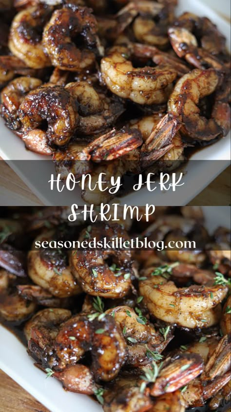 Ready in 20 minutes or less, this Honey Jerk Shrimp recipe promises to deliver a quick and easy meal with big island flavour that can be served over just about anything! Well seasoned jumbo shrimp are first sautéd until the edges are golden then tossed in a delicious honey jerk homemade sauce for the perfect weeknight or anytime dinner! Jamaican Jerk Shrimp, Jerk Steak, Jerk Recipes, Jerk Recipe, Jumbo Shrimp Recipes, Sweet And Spicy Shrimp, Steak Shrimp, Jerk Shrimp, Quick Seafood Recipes