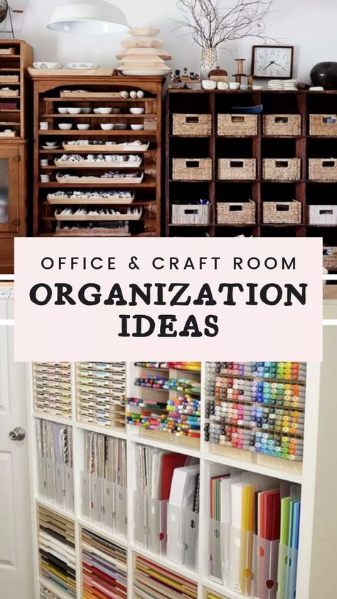 Bookshelves Craft Storage, Clever Home Office Storage Ideas, Home Craft Office Ideas, Closet Craft Organization, Crafting Cabinet Organization, Cube Craft Storage, Office Organization And Decor, Craftroom Organizing Ideas Ikea, Storage And Organization For Craft Room