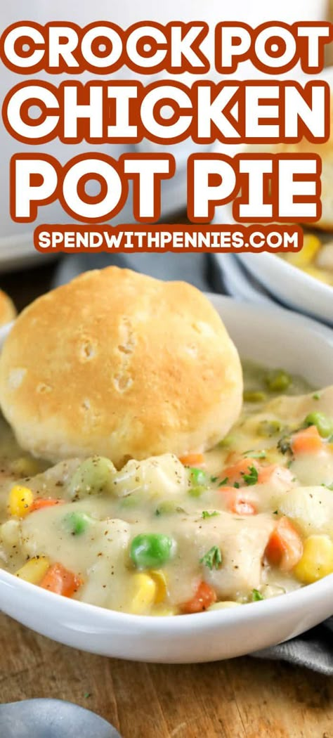 Crock pot chicken pot pie is an easy and tasty recipe to prepare before work. Just too all ingredients in the crockpot and let it simmer away. Top the chicken pot pie filling with biscuits or crescent rolls and serve!  #spendwithpennies #chickenpotpie #crockpotchickenpotpie #crockpot #slowcooker #maindish #chickenrecipe Chicken Pot Pie With Biscuits, Pot Pie With Biscuits, Crockpot Chicken Pot Pie, Chicken Pot Pie Filling, Pot Pie Filling, Spend With Pennies, Crockpot Dinners, Crock Pot Chicken, Pot Pies Recipes