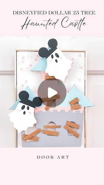 Pink Jasmin | Easy DIY Crafts on Instagram: "I took a Dollar 25 Tree Halloween castle and made some Disneyland inspired door art for my kids room! 👻🏰🎀✨

This wood castle and ghosts are back at the Dollar 25 Tree this year so if you didn’t get a chance to make it last year and it was on your to do list, now’s the time! 👻🎀

Supplies:
👻 Wooden Castle and ghosts from @dollartree 
👻 Old Canvas frame to upcycle, or any canvas. 
👻 Cardboard
👻 Cardstock
👻 Paint
👻 Hot glue" Wood Castle, Halloween Castle, Wooden Castle, Door Art, Disney Diy, Disney Halloween, Easy Diy Crafts, Disney Style, Hot Glue