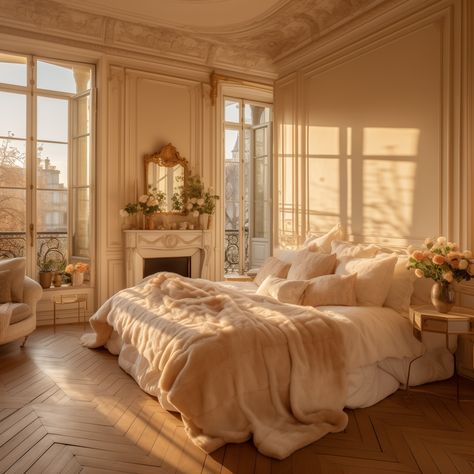 How to decorate your bedroom like a French Parisian (29 bedroom ideas) Classic Aesthetic Bedroom, Parisian Apartment Aesthetic Bedroom, French House Bedroom, French Style Interior Design Bedroom, Mediterranean Room Aesthetic, Creamy Cozy Bedroom, French Apartment Bedroom Aesthetic, Cute House Interior Bedrooms, Minimalist French Bedroom