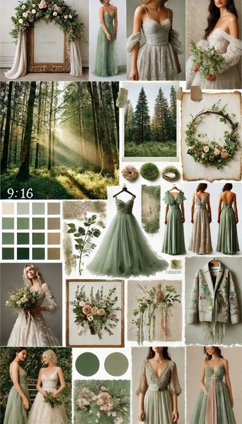 Forest Aesthetic Wedding Decor, Forest Theme Wedding Colors, Autumn Enchanted Forest Wedding, Wedding Enchanted Forest Theme, Green Asthetics Wedding, Fairytale Woods Wedding, Mood Board Nature Inspiration, Neutral Forest Green Wedding Theme, Fairy Tale Wedding Color Palette