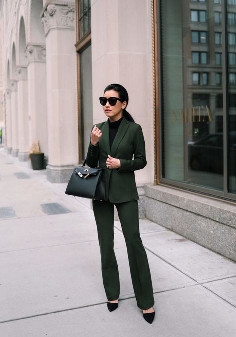 My Hermes bag shopping experience - Extra Petite Womens Interview Outfit, Womens Pant Suit, Outfit Idea Winter, Extra Petite Blog, Extra Petite, Hermes Kelly 28, Green Suit, Petite Pants, Interview Outfit