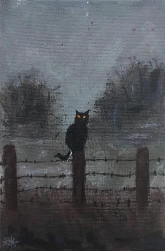 Daily Paintworks - "Black cat on the fence at night" - Original Fine Art for Sale - © Dasha Piven Cat On Fence Drawing, Cat On A Fence, Cat On Fence, Fence Drawing, Cat Fence, Fence Art, Gallery Website, Night Painting, The Fence