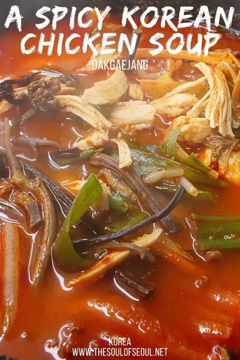 Korean Hot Chicken, Korean Shredded Chicken, Easy Korean Soup Recipes, Spicy Chicken Soup Recipes, Korean Chicken Soup, Spicy Soup Recipes, Spicy Korean Chicken, Korean Glass Noodles, Spicy Chicken Soup