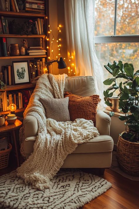 Cozy Reading Nooks That Welcome Those Quiet Moments - Edward George Nooks In Bedrooms, Bedroom Corner Table Ideas, Reading Book By Fireplace, Bookshelf Reading Corner, Small Apartment Reading Corner, Reading Study Room, Books And Fairy Lights, Snug Corner Ideas, Cute Sitting Area In Bedroom