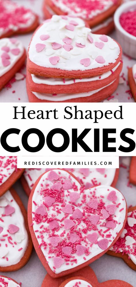 Looking for an easy Valentine's treat idea? Try our adorable heart-shaped cookie recipe this Valentine's Day? These simple, decorated pink Valentine's sugar cookies look amazing and taste delicious! Visit rediscoverfamilies.com for instructions, and don't forget to save this pin to find when you're ready to do some Valentine's baking! Heart Shaped Cookie Recipe, Valentines Day Cookies Decorated, Heart Shaped Cookie, Valentine Sugar Cookies, Valentines Baking, Valentine Treat, Cookies From Scratch, Pink Food Coloring, Spring Cookies