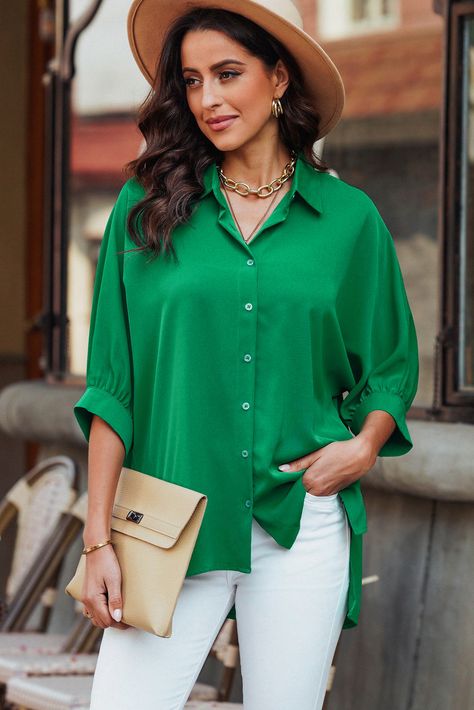 US$ 8.4 Drop-shipping Green 3/4 Puff Sleeve Oversize Shirt for Women Lisa Fischer, Two Piece Set Pants, Oversize Shirt, Loose Fit Shirts, Saint John, Maxi Dress Cocktail, Maxi Dress Formal, Green Shirt, Tunic Length