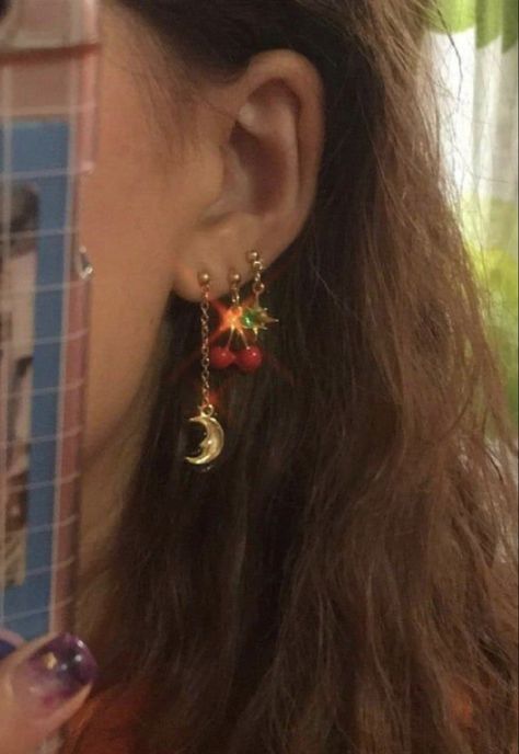 Piercings Aesthetic, Earrings Piercings, Grunge Earrings, 90s Earrings, Earrings Outfit, Pretty Ear Piercings, Earrings Aesthetic, Cherry Earrings, Jewelry Tattoo