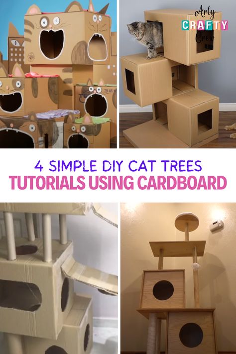 Looking for a budget-friendly way to entertain your cats? Check out these DIY cat tree tutorials using cardboard. Click to view the entire list and pick up your favorite one to make. Projects curated by ArtyCraftyCrew. Diy Cat Tree Cardboard Boxes, Diy Cat Condo Cardboard, Cat Tree Diy Cardboard, Cardboard Box Cat House Diy Ideas, How To Make A Cat Tree, Cat Cardboard Box Ideas, Diy Cat Tree Homemade, Cardboard Cat Tree, Diy Cat Trees