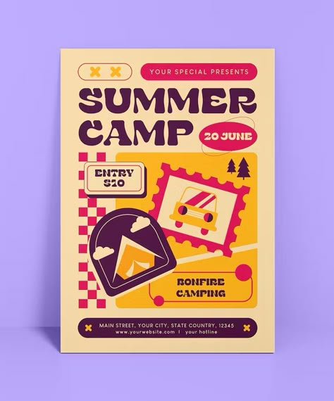 Summer Camp Flyers, Summer Camp Graphic Design, Cute Flyer Design, Camp Graphic Design, Cute Flyers, Event Poster Ideas, Summer Flyer Design, Summer Camp Design, School Event Poster