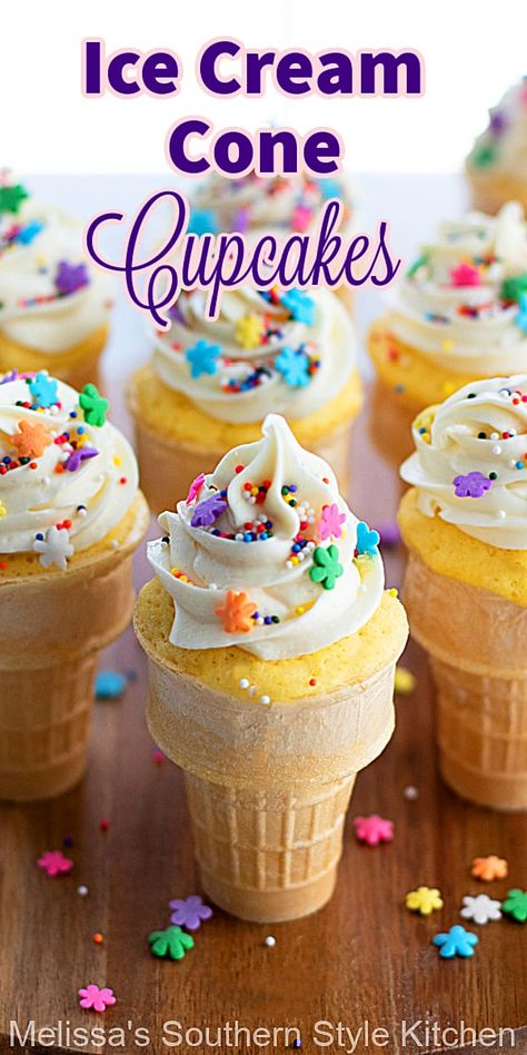 These cute Ice Cream Cone Cupcakes can be made in any flavor you like and decorated to match the occasion #cupcakes #icecreamcone #icecreamconecupcakes #cakerecipes #cupcakes #southernstyle #southerndesserts via @melissasssk I E Cream Cone Cupcakes, Cake Decorated Like Ice Cream, Easter Ice Cream Cone Cupcakes, I’ve Cream Cone Cupcakes, Ice Cream Cone Cupcakes Birthday, Cupcake Ice Cream Cones Recipe, Cupcake In Ice Cream Cone, Ice Cream Cone Cupcakes How To Make, Ice Cream Cupcakes Cones