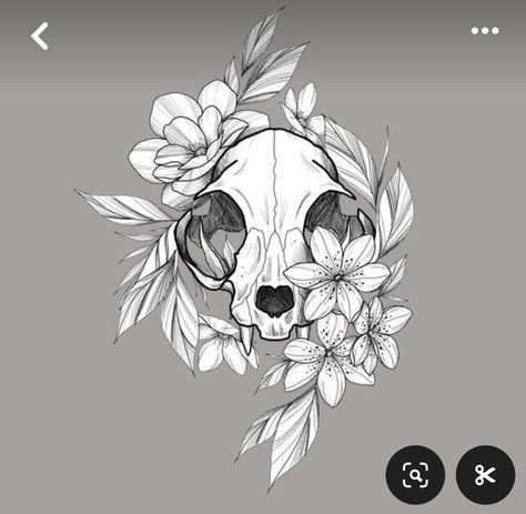 Cat Skull Flower Tattoo, Scull Flower Tattoos, Animal Skull Drawing Flowers, Simple Animal Skull Drawing, Cat Skull Chest Tattoo, Animal Skull With Flowers Tattoo, Animal Skull Tattoos For Women, Animal Skull Drawing Sketches, Animal Skull Tattoo Flowers