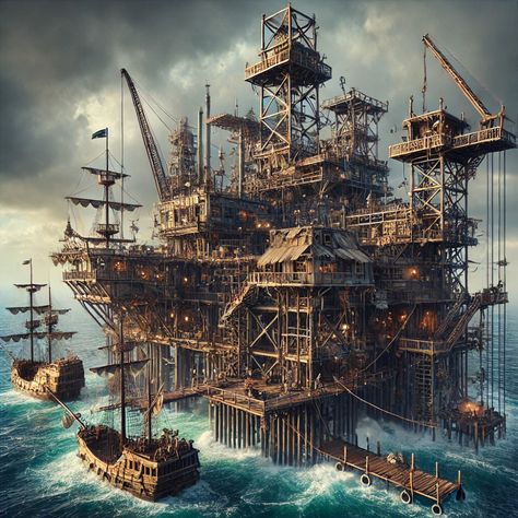 Venture into the heart of the ocean where fantasy meets reality—a massive rig converted into a bustling pirate town. This intricate structure, with its wooden planks and makeshift shacks, serves as a stronghold for seafaring rebels. It's a testament to human ingenuity and the spirit of adventure on the high seas. #worldbuilding #fantasyart #pirates #fictionalworld Fantasy Pirate Ship, Shipwreck Cove, Pirate Town, The Heart Of The Ocean, Heart Of The Ocean, Pirate Ships, Ocean Heart, Oceans Of The World, Fantasy Map