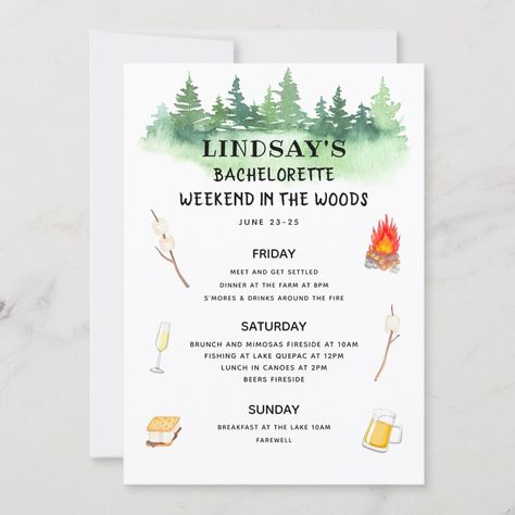 Bachelorette Weekend in the Woods Itinerary Invitation | #bachelorette #weekend #party #itinerary #details #lastflingbeforethering #timeline #woods #cabin #camping Woods Bachelorette Party, Glamping Bachelorette Party, Woods Cabin, Last Fling Before The Ring, Itinerary Invitation, Party Itinerary, Bachelorette Party Itinerary, Bachelorette Weekend Itinerary, Cabin Trip