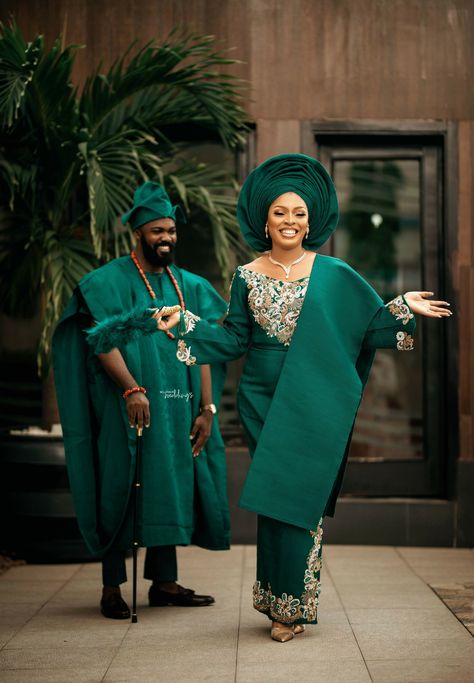 East Meets West! Take in the Beauty of Nonye & Ayo's Igbo-Yoruba Trad Green Wedding Attire, Embroidery For Couples, Yoruba Traditional Wedding Attire, Nigerian Traditional Attire, Agbada Outfit, Nigerian Wedding Dresses Traditional, Nigerian Culture, Nigerian Outfits, Matching Embroidery