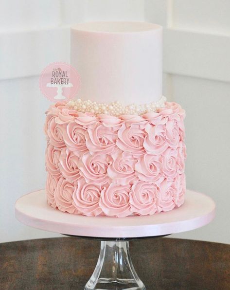 Pink pearls and rosettes Pink And White Princess Cake, 2 Tier Rosette Cake Birthday, Pink And White 2 Tier Cake, Rosette Cake With Pearls, Pink And Gold Rosette Cake, Pink Rosette Cake Ideas, Two Tier Pink Cake, 2 Tier Baby Shower Cake, White Rosette Cake