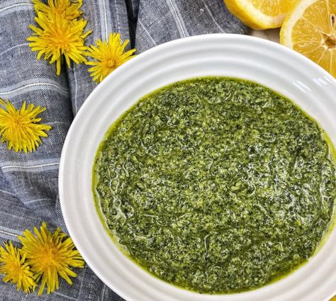 Dandelion Pesto Recipe ~ Rhubarb & Lavender Dandelion Pesto Recipe, Pesto Dishes, Dandelion Plant, Dandelion Greens, Fruity Wine, Dandelion Leaves, Cream Sauce Recipes, Burrata Cheese, Toasted Pine Nuts