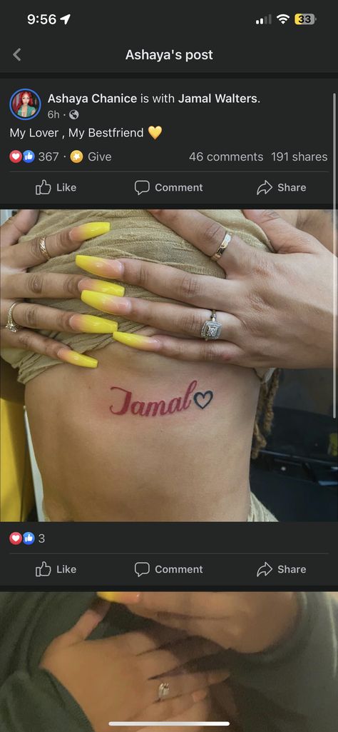 Bf Names Tattoo, Cute Name Tattoo Placement, Tattoos Of Boyfriends Name Ideas, Jamal Name Tattoo, Matching Shoulder Tattoos Couple, Boyfriend Names Tattoo Ideas, Men Name Tattoos For Women, Tattoos Of Names Boyfriends, Name Tattoos Boyfriend