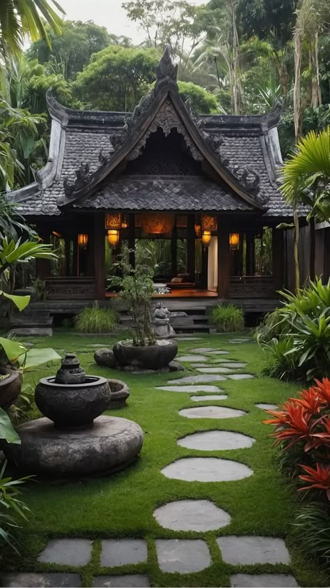 Exotic Escapes: 15 Balinese Garden Ideas to Transform Your Outdoor Space - Fads Balinese Front Garden, Balinese Roof Design, Bali Villa Design Tropical Homes Exterior, Asian Style House Exterior, Bali Style Home Exterior, Tropical House Design Exterior, Modern Balinese House, Gazebo Pond, Jungle Mansion