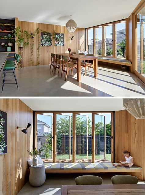 Additional Living Space Was Added To This 1960s Australian Home Dining By The Window, Bench In Front Of Floor To Ceiling Window, Dining Near Window, Pop Out Window Seat, Window Seat Dining Area, Window Seat In Dining Room, Dining Area Window, Windows In Dining Room, Window Dining Room