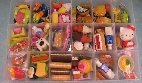 Miniature Food Erasers Collection Food Erasers, Japanese School Supplies, Eraser Collection, Cool Erasers, Cute Stationary, Cute School Supplies, Kawaii Stationery, Mini Things, Craft Room Organization