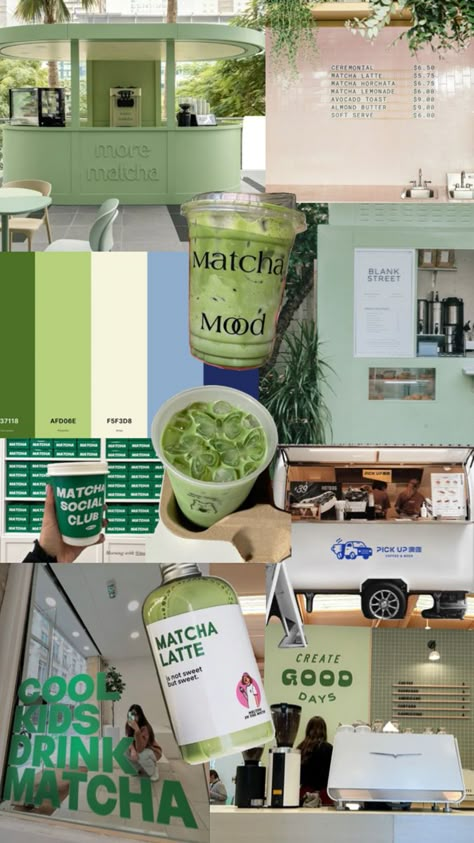 Matcha Bars, Matcha Lemonade, Matcha Cafe, Green Cafe, Smoothie Shop, Coffee Trailer, Brunch Club, Matcha Drink, Cafe Branding