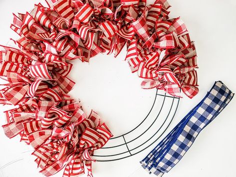 Patriotic Gift Ideas, 4th Of July Ribbon Wreath Diy, Pinwheel Wreath Diy, 4th Of July Wreath Diy, Diy Fourth Of July Wreath, Patriotic Flag Wreath, Diy Patriotic Wreath, Diamonds And Denim Party, Patriotic Door Wreath