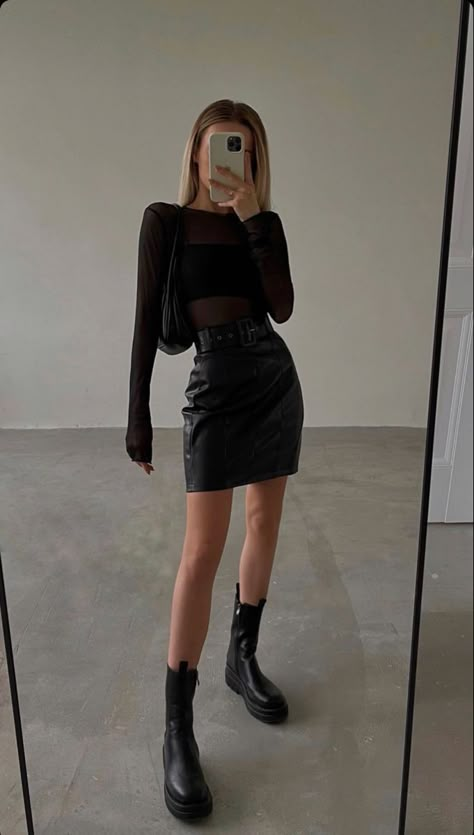 Leather Skirt Outfit Night Out, Leather Skirt Party Outfit, Sheer Black Top Outfit, Black Skirt Outfit Party Night, Spring Date, Date Night Outfit Summer, Leather Skirt Outfit, Date Night Outfits, Outfits To Wear