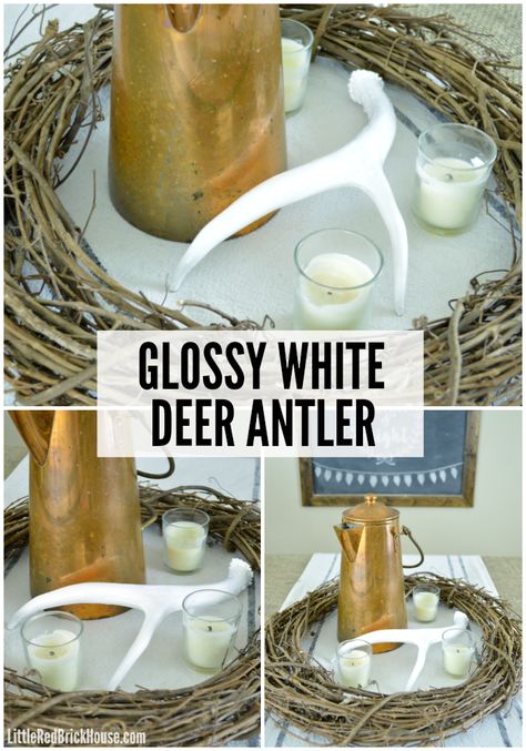 Glossy White Deer Antler | LITTLE RED BRICK HOUSE @decoart #maxxgloss #decoart #decoartprojects #sponsored Painted Deer Antlers Diy, Deer Antlers Diy, Painted Deer Antlers, Painted Antlers, White Deer, Red Brick House, Americana Decor, Gloss Paint, Funky Junk