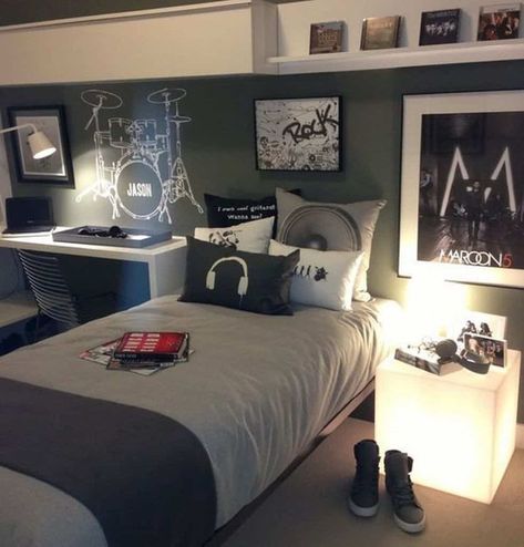 Grey-Wall-Color-for-Cool-Bedroom-Decorating-Ideas-with-White-Table-and-LED-Backlit-Side-Table Bilik Tidur Lelaki, Music Themed Bedroom, Teenage Room Decor, Music Bedroom, Teenager Bedroom Boy, Teenage Boy Room, Boys Room Design, Boy Bedroom Design