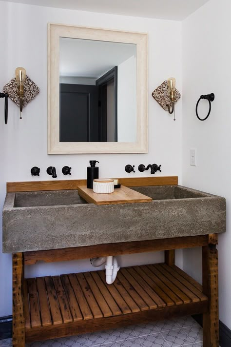 Bath Room, Ceramic Tile Floor, Vessel Sink, Wood Counter, Wall Lighting, and Wall Mount Sink The double vanity in the master bath has a concrete trough sink with a wood slab counter. Cement Vessel Sink Bathroom, Double Vanity Trough Sink, Cement Double Sink Bathroom, Cement Trough Sink, Concrete Double Vanity, Trough Double Sink Bathroom, Double Vanity With Vessel Sinks, Bathroom Sink Wood Counter, Double Trough Sink Bathroom Vanities