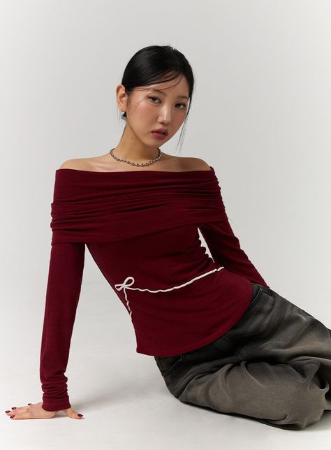 off-shoulder-solid-ruched-long-sleeve-top-with-ribbon-detail-cd329 / Dark red Dark Red Tops Outfit, Red Top With Black Skirt, Fitted Blouses For Women, Red Off The Shoulder Top Outfit, Outfit Inspo Long Sleeve, Red Off Shoulder Top Outfits, Dark Red Top Outfit, Cherry Red Fashion, Feminine Business Attire