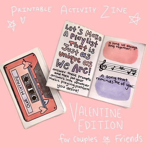 This 8 page printable zine (short for magazine) is a fun rainy day activity or extra item to include with a letter, gift, or care package! It is also a cute valentine to share with someone you love. It contains original illustrations and suggestions for creating a totally one-of-a-kind playlist that shows off the personality of your friendship or relationship! At time of purchase you will receive the files for both the BFF and couple edition of this zine, so choose whichever suits you best. Options for printing in color or black and white are available after purchase. Because this one-time purchase allows you to print multiple copies, the pricing is pay-what-you-want with a minimum of $5. Paying more allows me to continue to create! Items downloaded from this listing are only approved for Zine Ideas Gift, Zine About Love, Valentine Zine, Friendship Zine, Cute Zine, Personal Zine, Fun Rainy Day Activities, Mini Zine, Rainy Day Activity