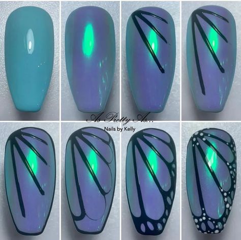 Nail Doodles Art Designs, Nail Designs Step By Step, Cute Easy Nail Designs For Beginners, Snake Nails Tutorial, Nail Art Design Practice Sheet, Valorant Nails, Butterfly Nails Tutorial, Butterfly Nail Art Tutorial, Dragon Eye Nail Art Tutorial