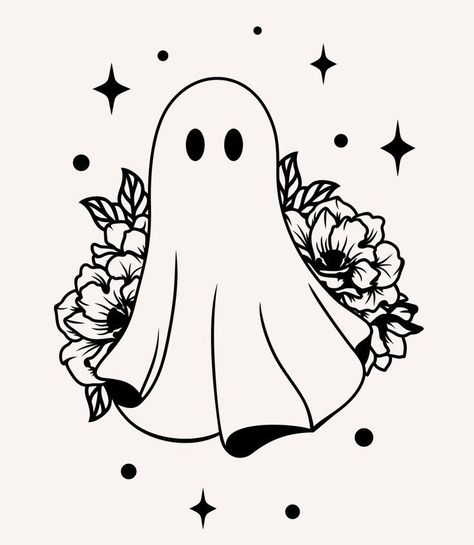 Mini Ghost Tattoo, Ghost With Flowers, Procreate Coloring, Western Clipart, Mini Ghost, Embroidery Halloween, Stick Poke Tattoo, Ghost Drawing, Floral Ghost